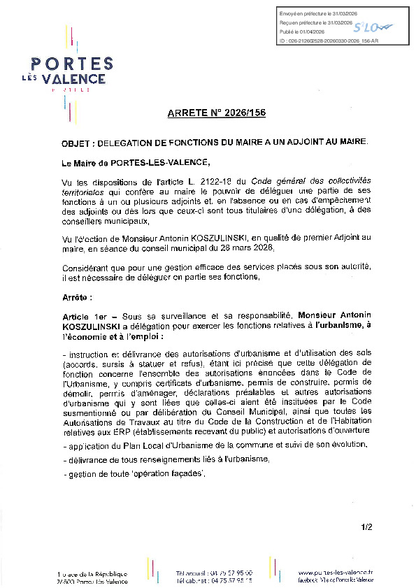 Arrêté 2026/156 - Délégation de fonctions à un adjoint