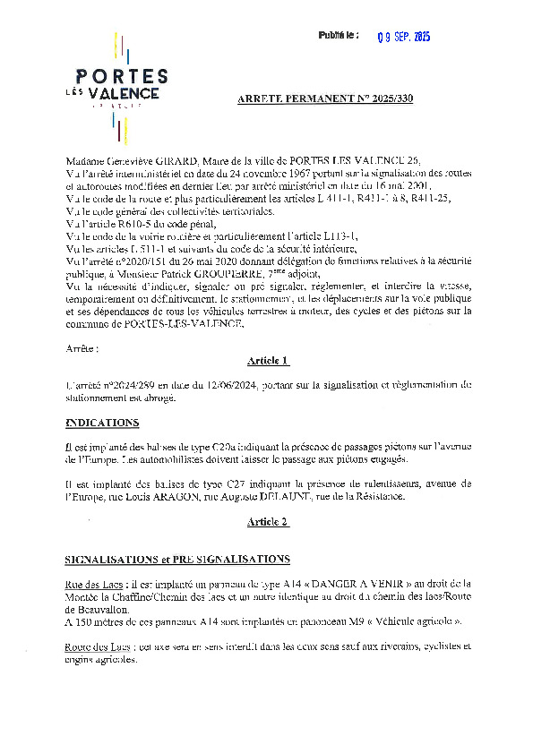 Arrêté permanent 2025-330 portant sur la signalisation et la règlementation de la circulation et du stationnement sur la commune