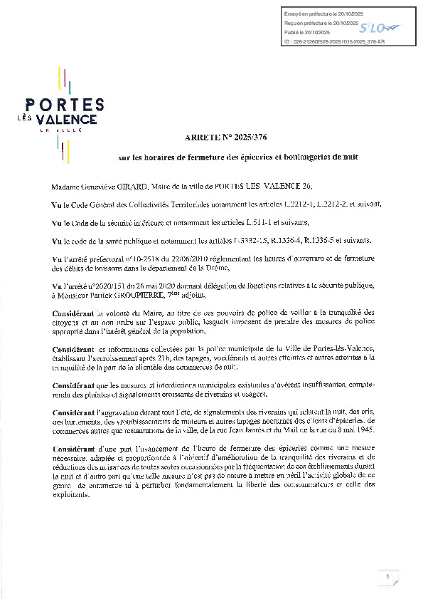Arrêté 2025-376 fermeture des commerces entre 21h et 7h le lendemain rue Jean Jaurès et sur le Mail de la rue du 8 mai 1945