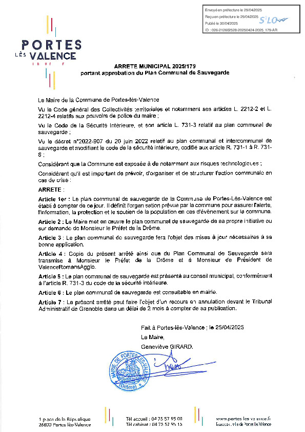 Arrêté d'approbation du plan communal de sauvegarde