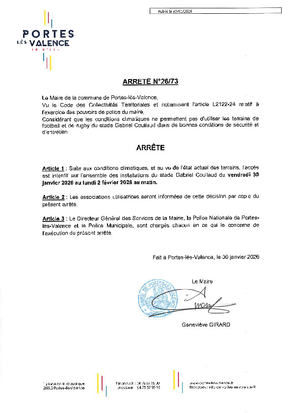 Arrêté 2026/73 - Fermeture du stade Coullaud du 30 janvier au 2 février 2026