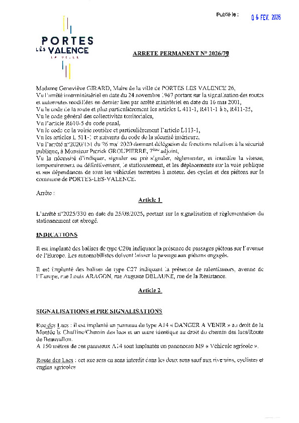 Arrêté 2026/79 - Règlementation de la circulation et du stationnement sur la commune