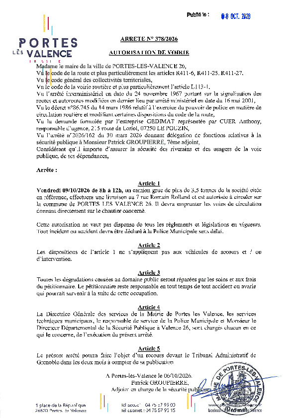 Arrêté 2026/365 - Occupation du domaine public le 09/10/2026