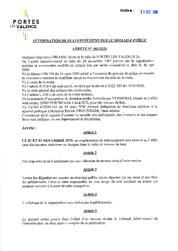 Arrêté 2026/401 - Occupation du domaine public les 2 et 3 novembre 2026