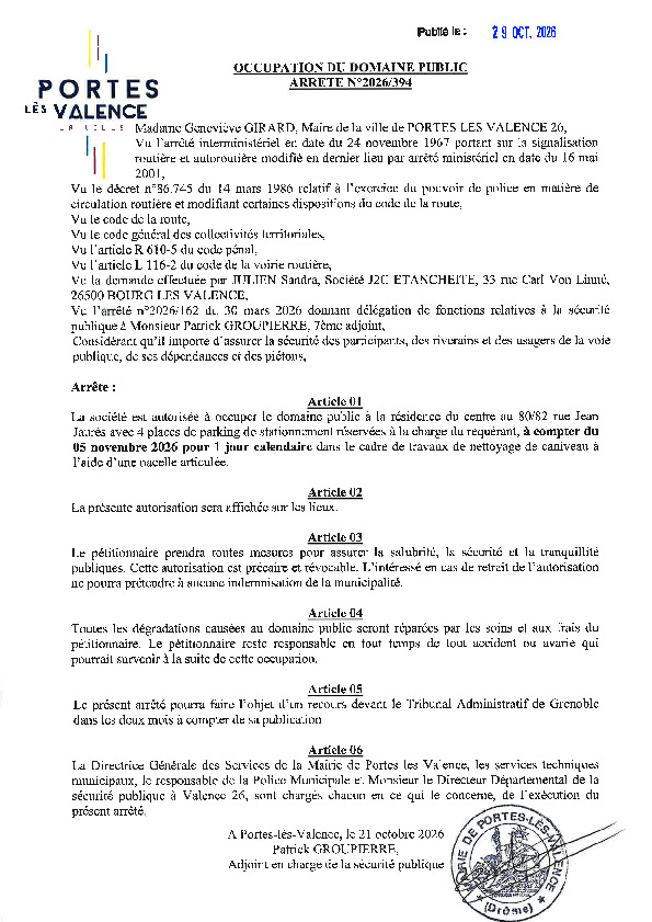 Arrêté 2026/394 - Occupation du domaine public le 5 novembre 2026