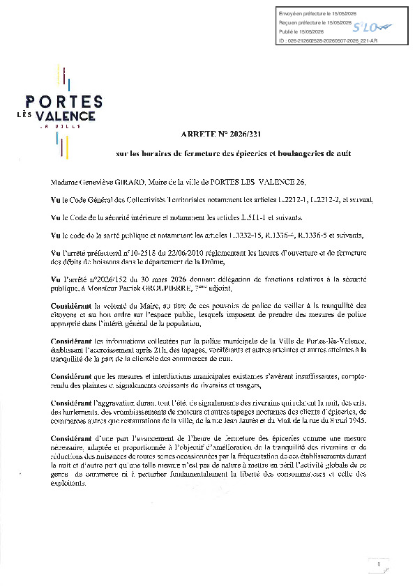 Arrêté 2026/221 - Horaires de fermeture des épiceries et boulangeries de nuit