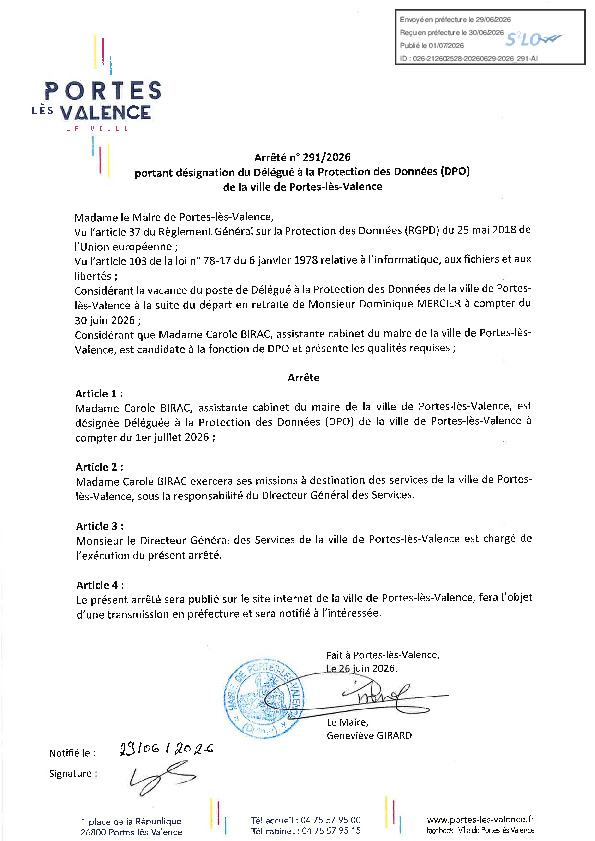 Arrêté 2026/291 - Désignation du délégué à la protection des données