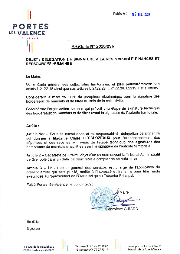 Arrêté 2026/296 - Délégation de signature