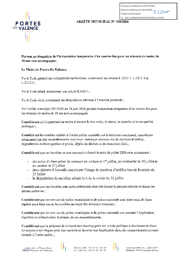 Arrêté 2026/310 Couvre-feu pour les mineurs