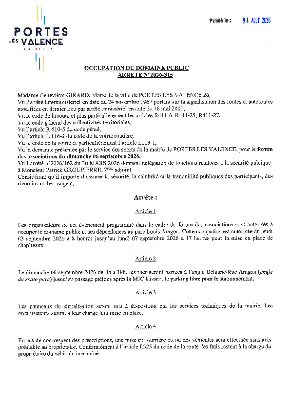 Arrêté 2026/315 - Occupation du domaine public