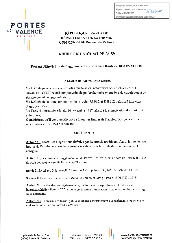 Arrêté 2026/89 - portant délimitation de l'agglomération, route de Beauvallon