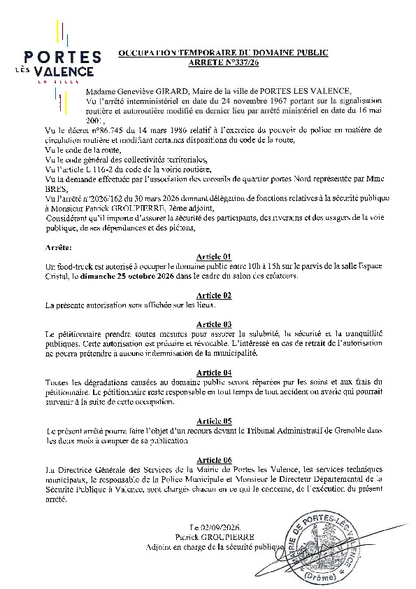 Arrêté 2026/337 - Occupation temporaire du domaine public