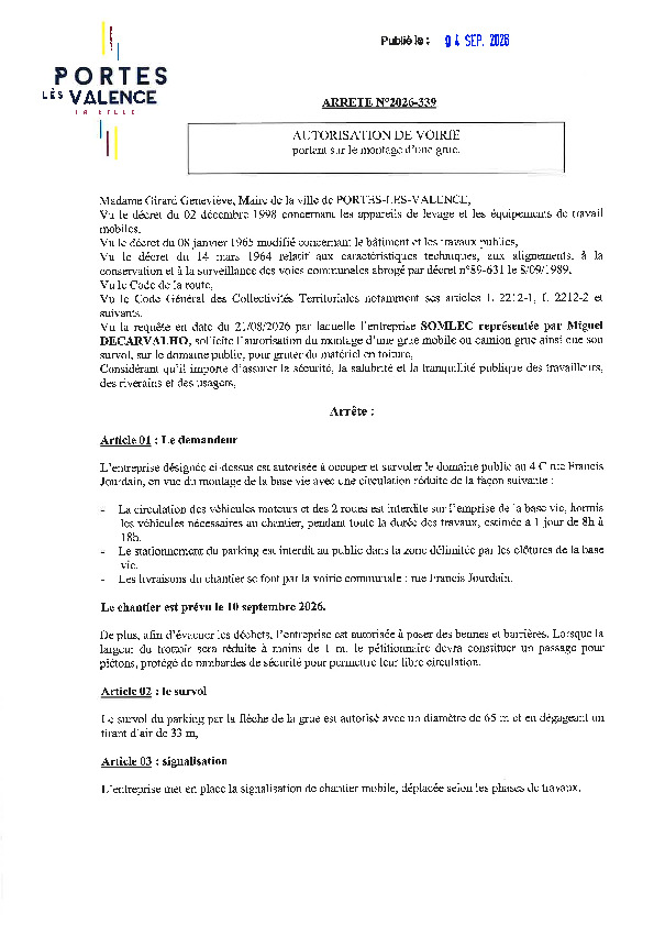 Arrêté 2026/339 - Autorisation de voirie