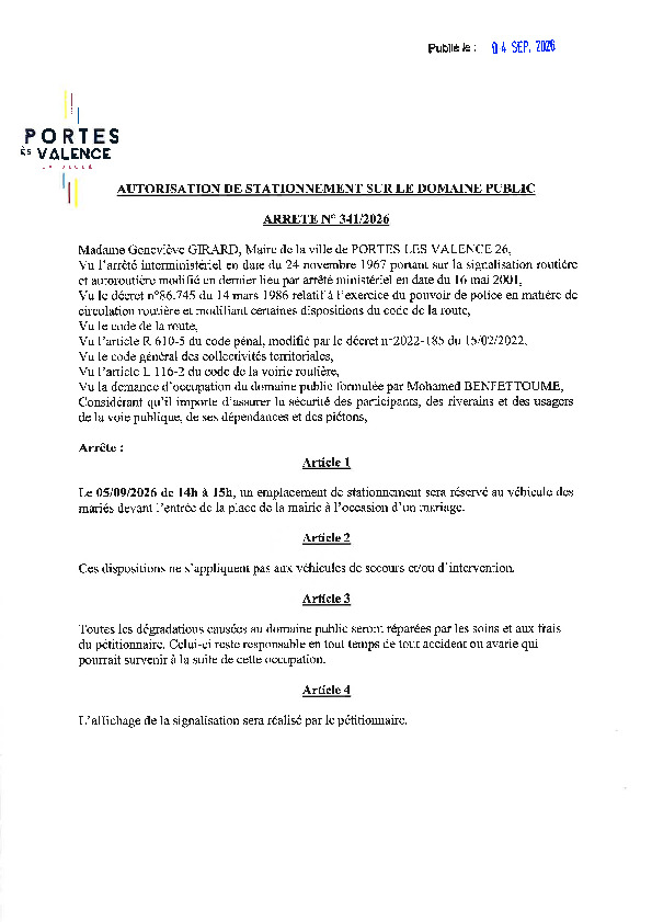 Arrêté 2026/341 - Autorisation de stationnement