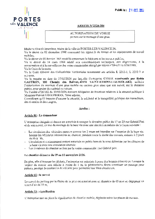 Arrêté 2026/386 - Occupation du domaine public les 9 et 10 novembre 2026