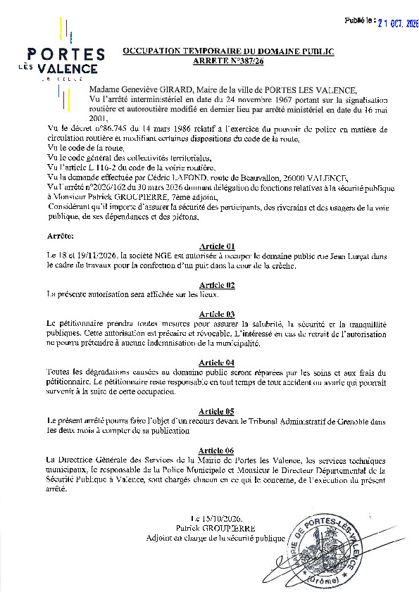 Arrêté 2026/387 - Occupation du domaine public les 18 et 19 novembre 2026