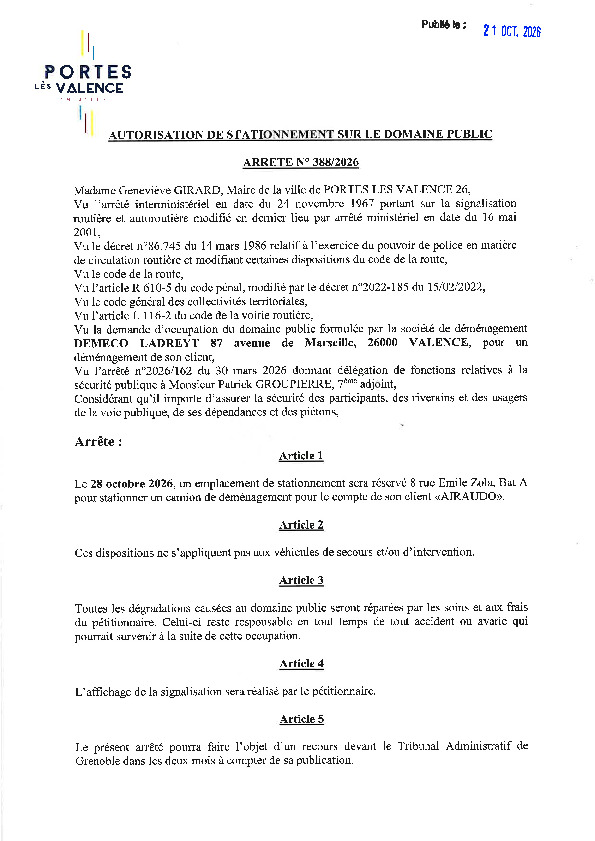 Arrêté 2026/388 - Occupation du domaine public le 28/10/2026