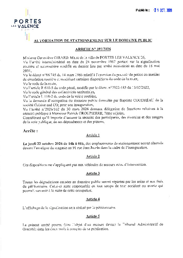 Arrêté 2026/397 - Occupation de domaine public le 22 octobre 2026