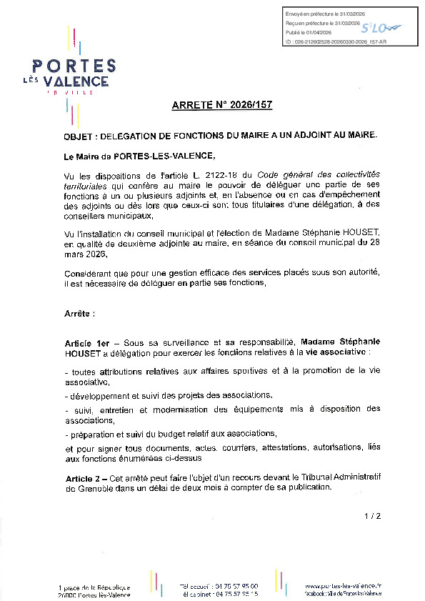 Arrêté 2026/157 - Délégation de fonctions à un adjoint