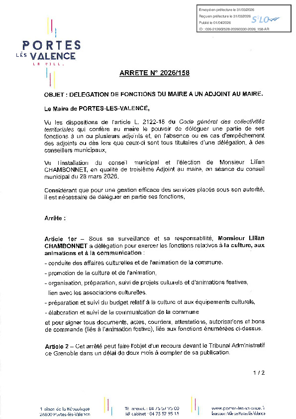 Arrêté 2026/158 - Délégation de fonctions à un adjoint