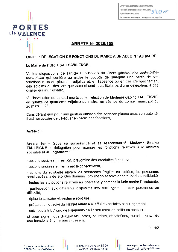 Arrêté 2026/159 - Délégation de fonctions à un adjoint