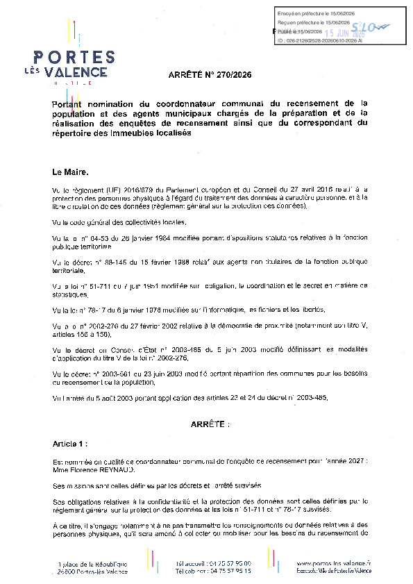 Arrêté 2026/270 - Coordonnateur recensement 2027