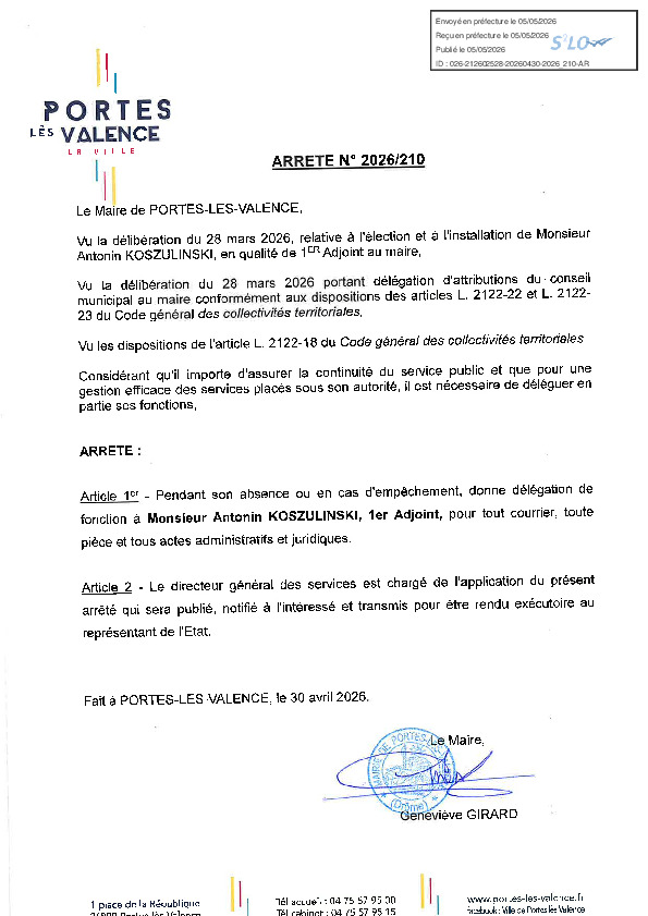 Arrêté 2026/210 - Délégation de fonction