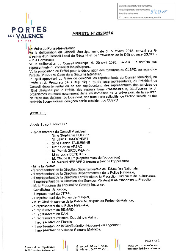 Arrêté 2026/214 - Désignation des représentants au CLSPD