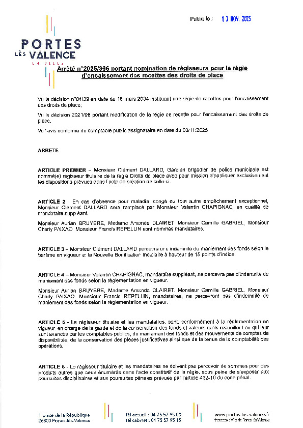 Arrêté 2025/366 - Nomination régisseurs Droits de place