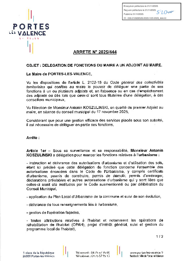 Arrêté 2025/444 - Délégation de fonction Antonin KOSZULINSKI