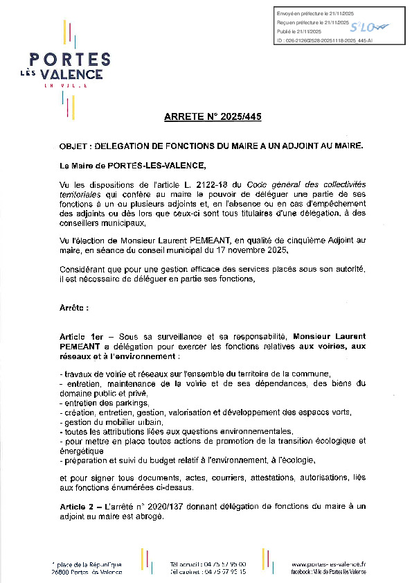 Arrêté 2025/445 - Délégation de fonction Laurent Péméant