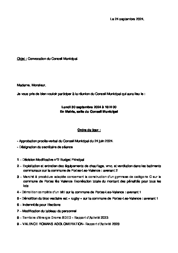 Convocation du conseil municipal du 30/09/2024