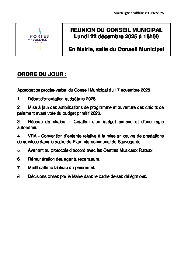 Ordre du jour - CM du 22/12/25