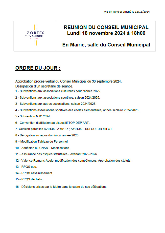 Ordre du  jour du conseil municipal du 18-11-2024