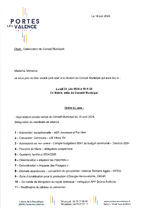 Ordre du jour du conseil municipal du 24-06-2024