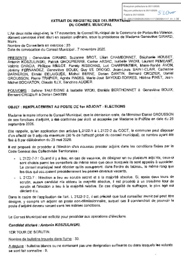 Délibération CM du 17/11/2025 - Remplacement au poste de 1er adjoint