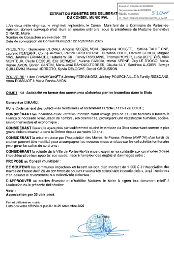 Délibération CM du 28/09/2026 - Solidarité en faveur des communes sinistrées par incendies