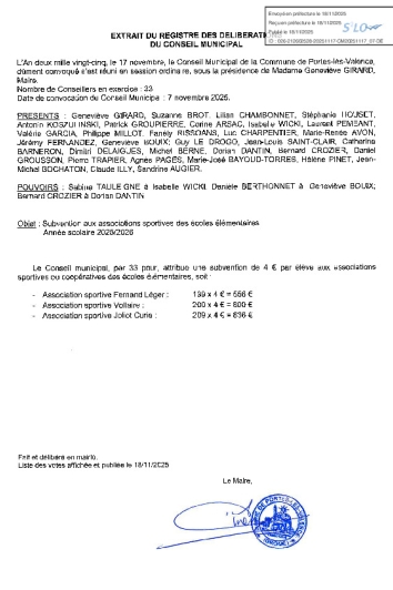 Délibération CM du 17-11-2025 - Subventions associations sportives écoles élémentaires