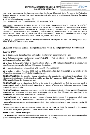 Délibération CM du 28/09/2026 - Créances éteintes 2026