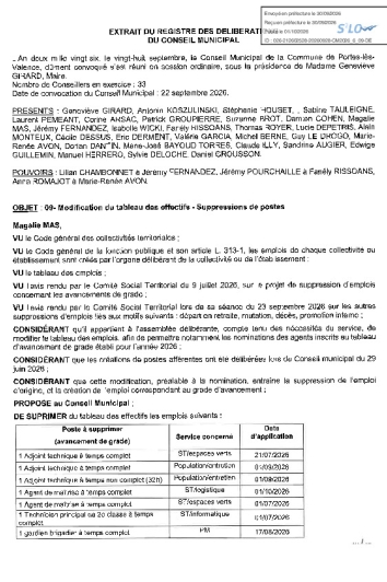 Délibération CM du 28/09/2026 - Modification tableau des effectifs