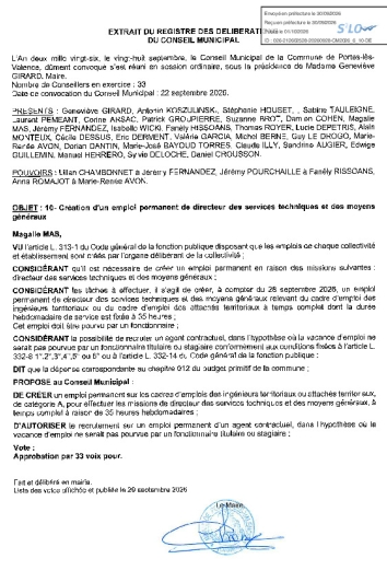 Délibération CM du 28/09/2026 - Création emploi permanent de DST