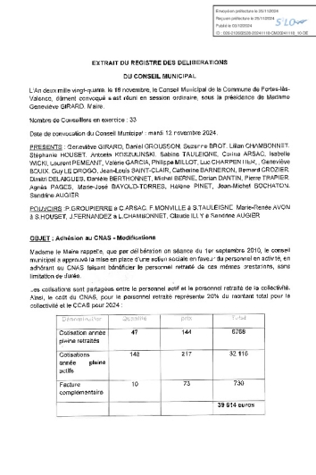 Conseil municipal du 18-11-24 Adhésion au CNAS, modifications