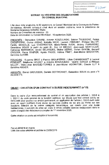 Délibération CM 22-09-2025 - Création d'un contrat à durée indéterminé