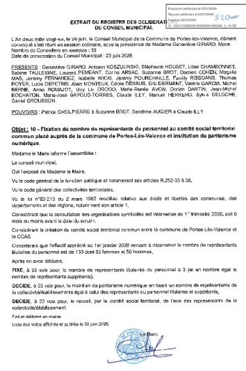 Délibération CM du 29/06/2026 - Nombre de réprésentants au CST et institution paritarisme