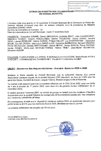 Conseil municipal du 18-11-24 Assurance des risques statutaires, avenant