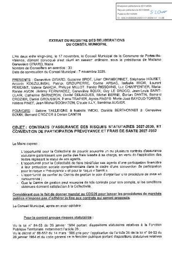 Délibération CM du 17/11/25 - Contrat risques statutaires et participation convention prévoyance et frais de santé