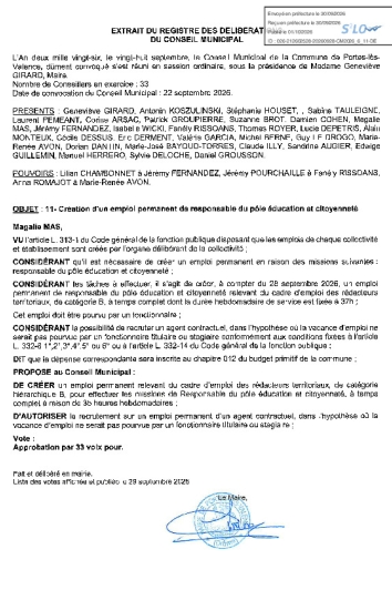 Délibération CM du 28/09/2026 - Création emploi permanent responsable pôle éducation et citoyenneté