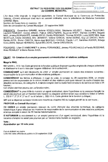 Délibération CM du 28/09/2026 - Création emploi permanent responsable communication et relations publiques