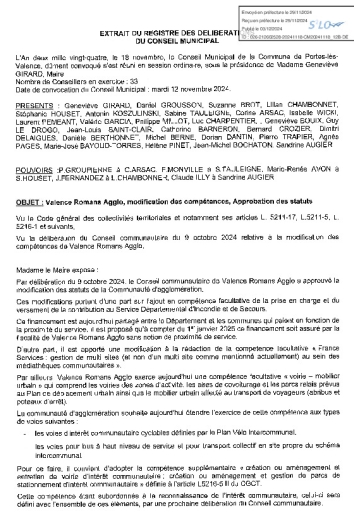 Conseil municipal du 18-11-24 Valence Romans Agglo, modification des compétences