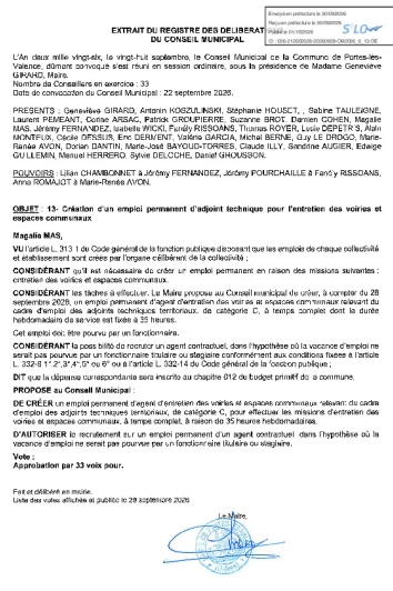 Délibération CM du 28/09/2026 - Création emploi permanent adjoint technique entretien, voirie et espaces communaux